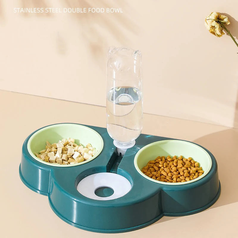 3-in-1 Automatic Cat & Dog Feeder – Raised Double Bowl with Water Fountain