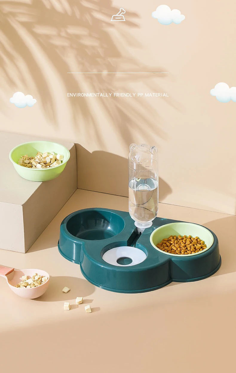 3-in-1 Automatic Cat & Dog Feeder – Raised Double Bowl with Water Fountain