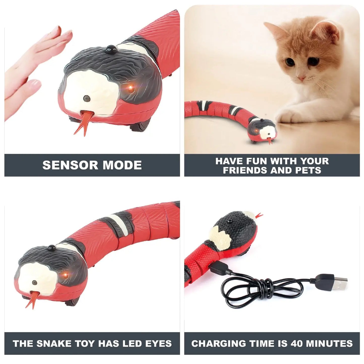 USB Rechargeable Smart Sensing Snake Toy – Interactive Cat Play for Indoor Fun