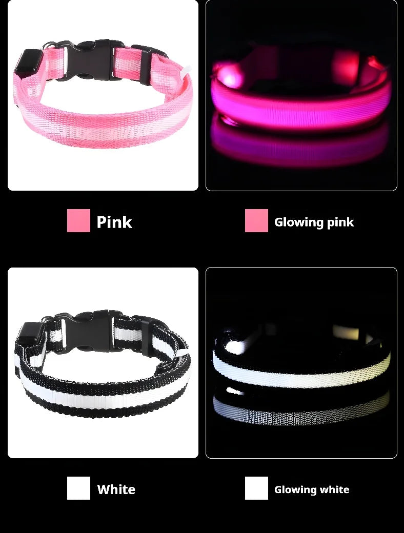 LED Nylon Dog Collar – Glow-in-the-Dark Flashing Safety Collar for Night Walks