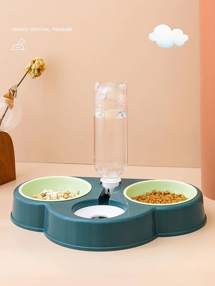 3-in-1 Automatic Cat & Dog Feeder – Raised Double Bowl with Water Fountain