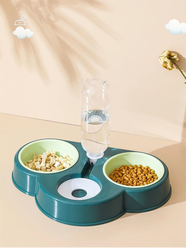 3-in-1 Automatic Cat & Dog Feeder – Raised Double Bowl with Water Fountain