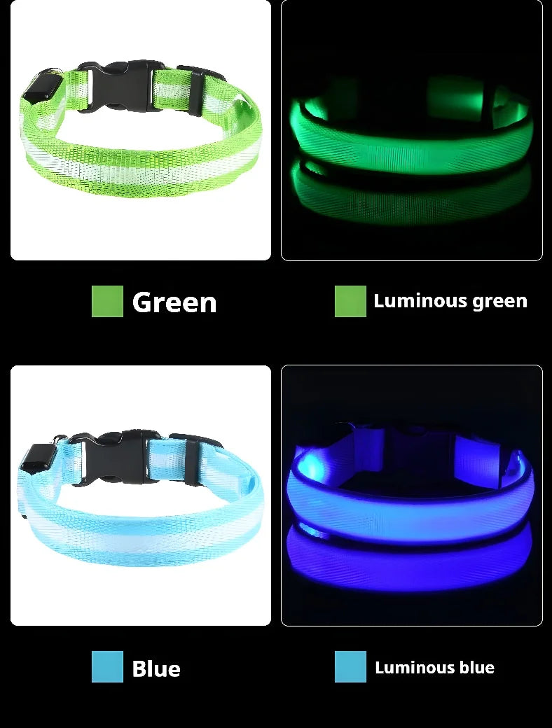 LED Nylon Dog Collar – Glow-in-the-Dark Flashing Safety Collar for Night Walks