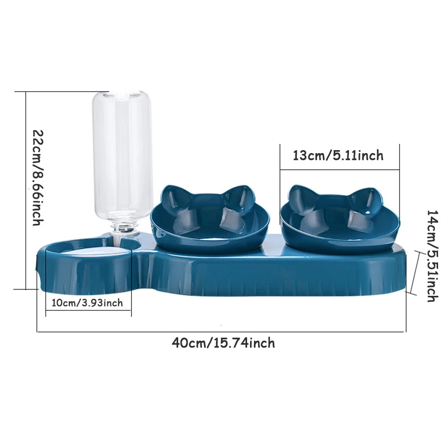 Triple Cat & Dog Feeder with 2-in-1 Double Bowls and Automatic Water Bottle – Tilted & Rotatable Design