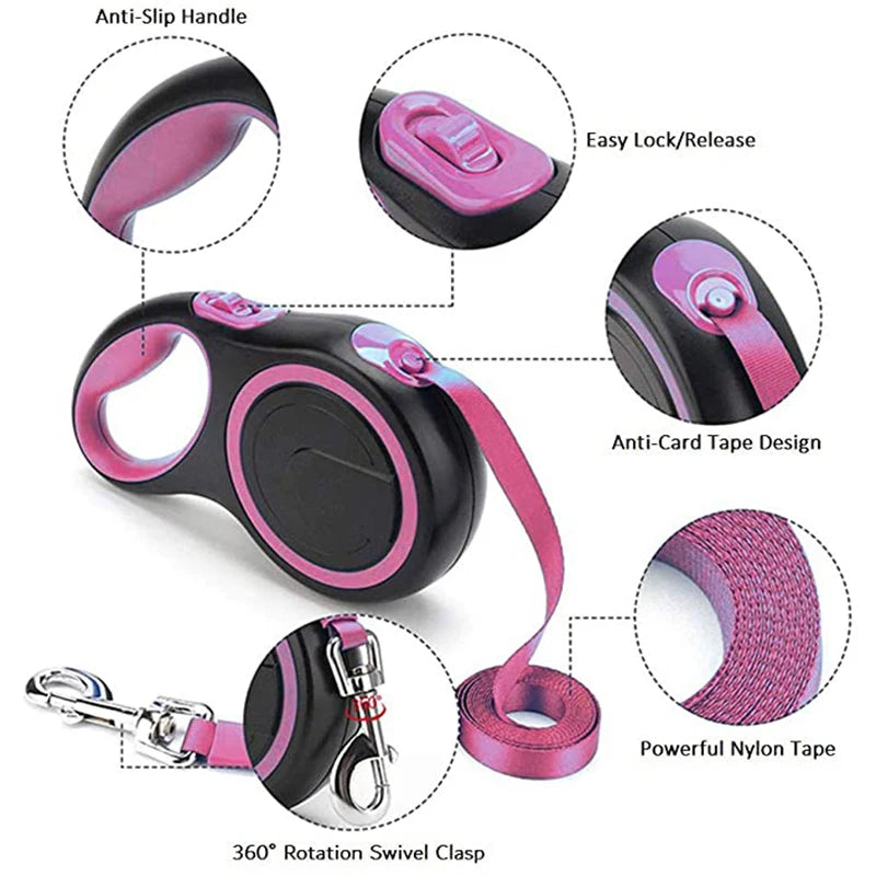 Durable Nylon Retractable Dog Leash – 3/5/8M Extending Leash for Small to Large Dogs