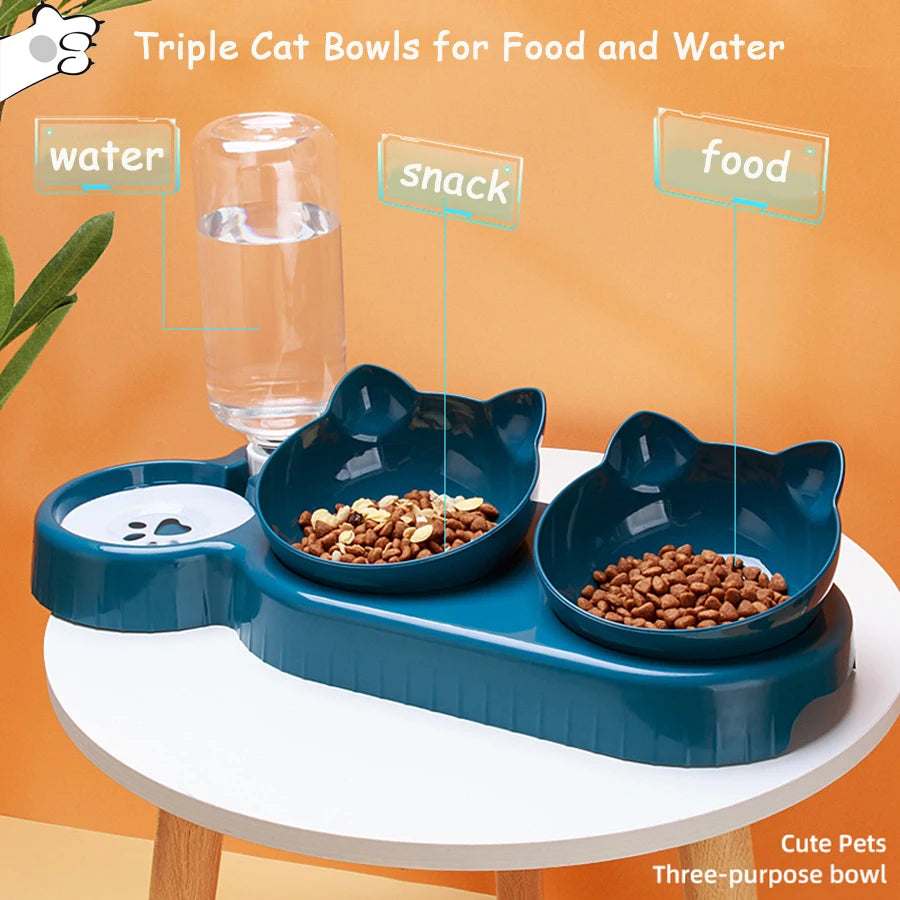 Triple Cat & Dog Feeder with 2-in-1 Double Bowls and Automatic Water Bottle – Tilted & Rotatable Design