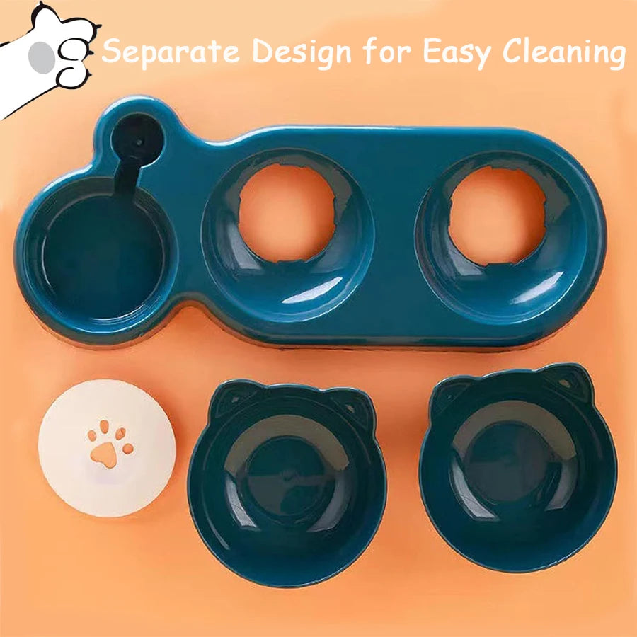 Triple Cat & Dog Feeder with 2-in-1 Double Bowls and Automatic Water Bottle – Tilted & Rotatable Design