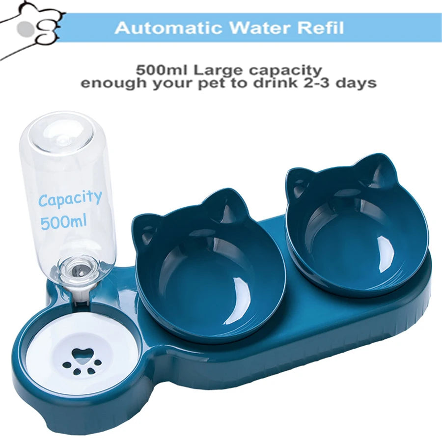 Triple Cat & Dog Feeder with 2-in-1 Double Bowls and Automatic Water Bottle – Tilted & Rotatable Design
