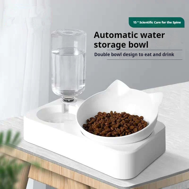 Double Cat & Dog Bowl with Automatic Water Dispenser – Raised 15° Tilt for Comfortable Feeding