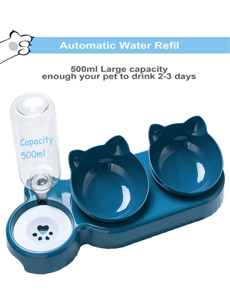 Triple Cat & Dog Feeder with 2-in-1 Double Bowls and Automatic Water Bottle – Tilted & Rotatable Design
